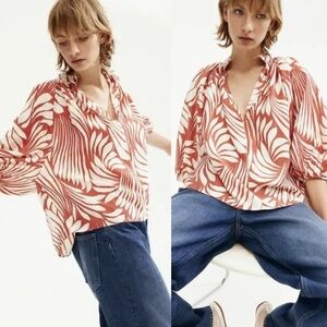 H&M Abstract Swirl Print V-Neck Blouse S Orange Cream Boho Oversized Cropped